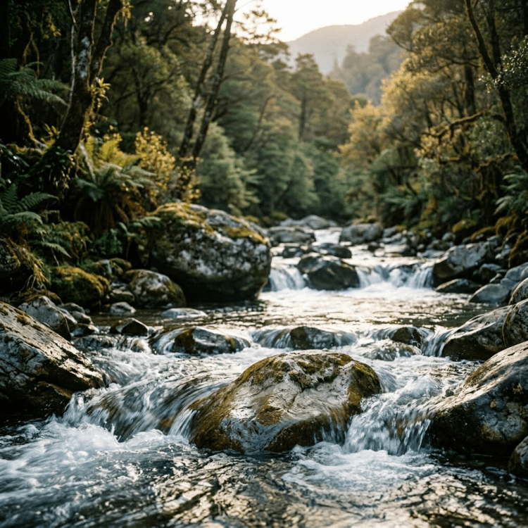 Woman in a flowing translucent dress standing barefoot on a rock in a forest stream
