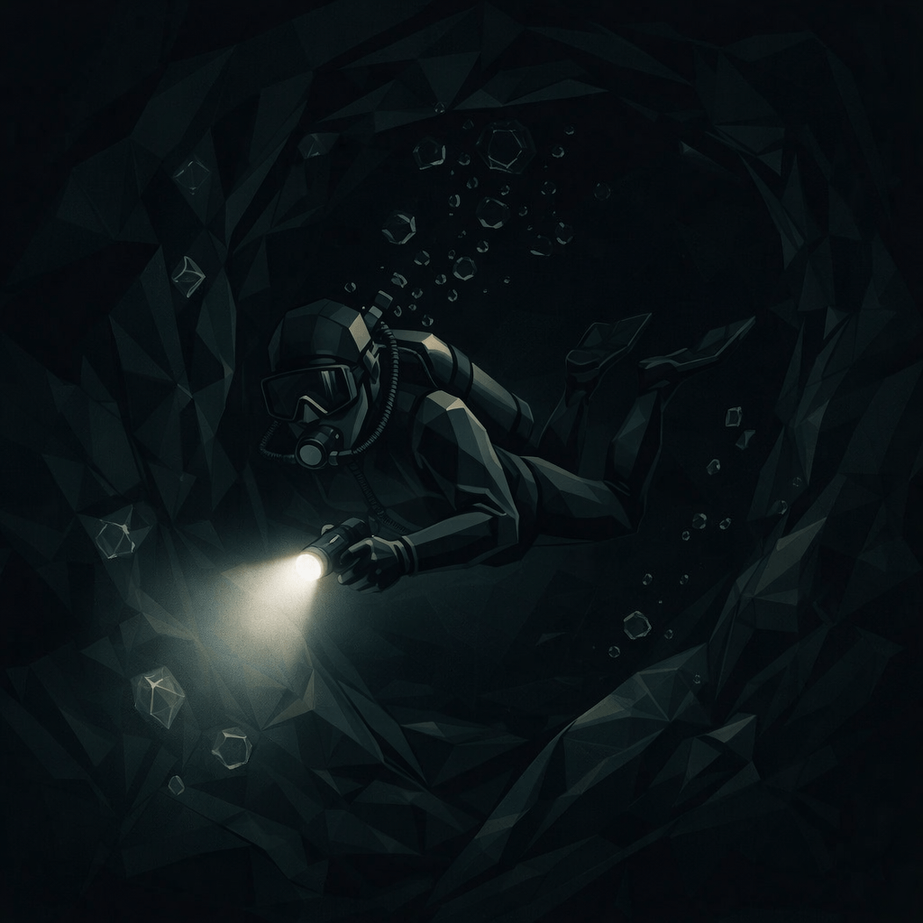 Scuba diver swimming inside a dark underwater cave with bubbles rising